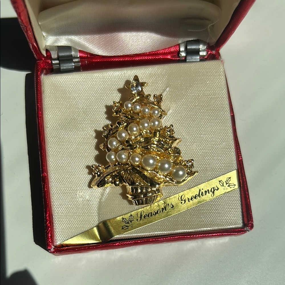 Unworn Roman Gold & Pearl Christmas Tree Brooch in Original Box